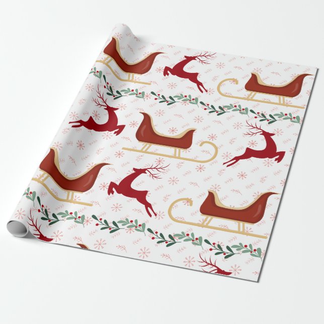 Red Snowflake & Reindeer Wrapping Paper | Festive Geschenkpapier (Ungerollt)