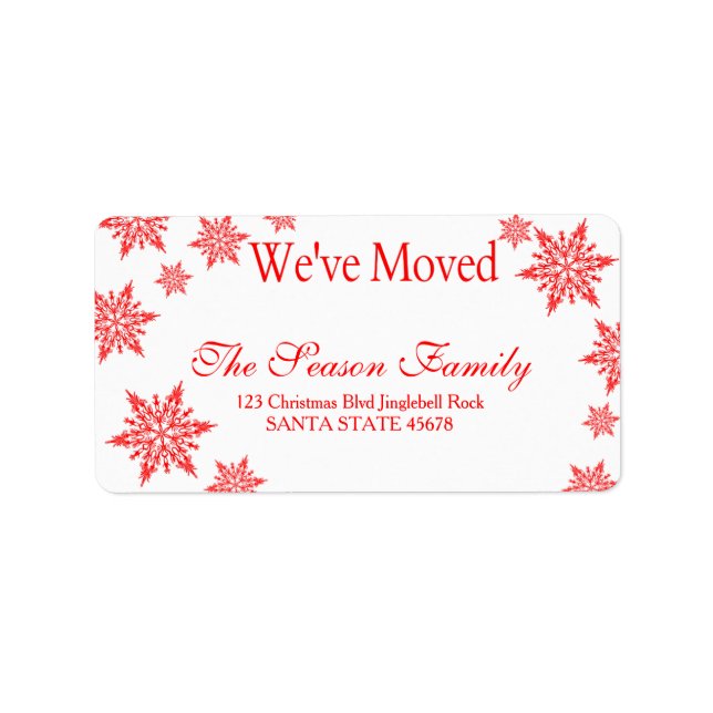 Red Snowflake "we ve move" Weihnachtslabel Adressaufkleber (Vorne)