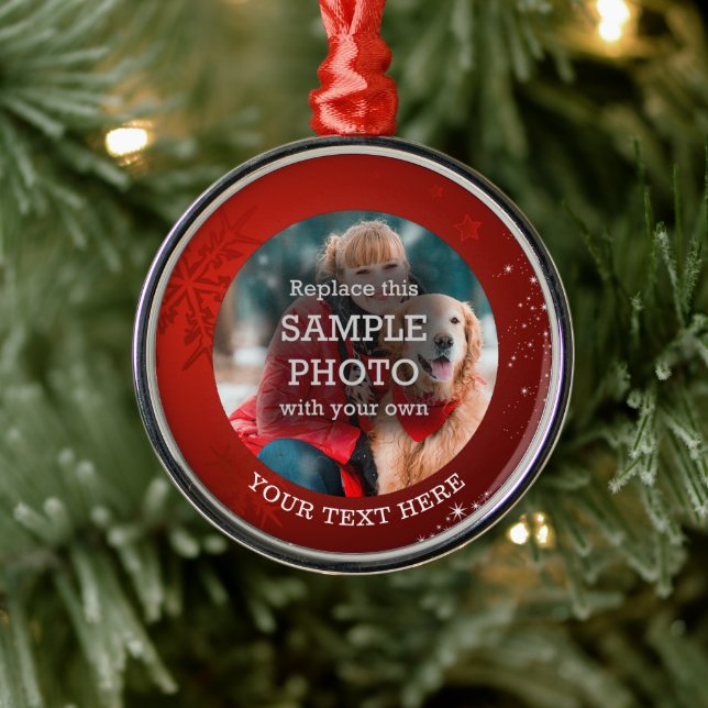 Red Snowflake White Stars Foto Benutzerdefinierter Ornament Aus Metall (Baum)