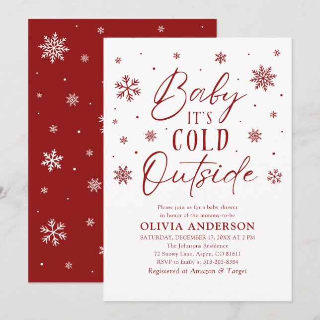 Red Snowflakes Baby Es ist kalt Outside Baby Dusch Einladung (Vorne/Hinten)