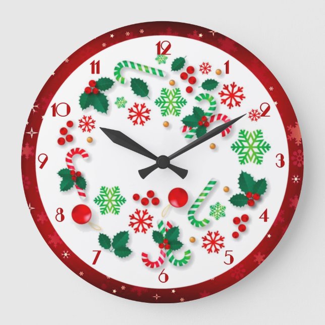 Red Snowflakes Border Einfach Weihnachten Große Wanduhr (Vorderseite)