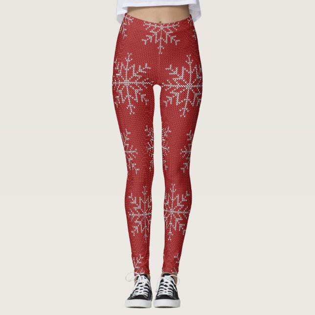 Red Snowflakes Christmas Sweater Strick Pattern Leggings (Vorderseite)