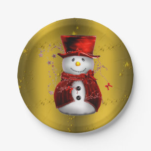 Red Snowman on Gold Christmas Pappteller