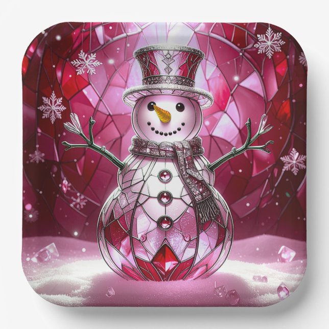 Red Snowman Snowflakes Holiday Paper Plate Pappteller (Vorderseite)