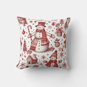 Red Snowman Toile Wintermuster Kissen