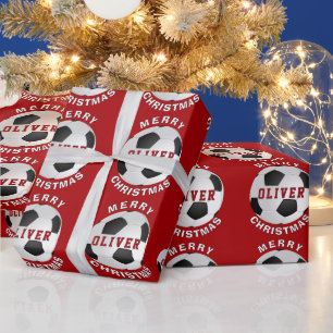 Red Soccer Fußball Balls Kinder Name Weihnachten Geschenkpapier
