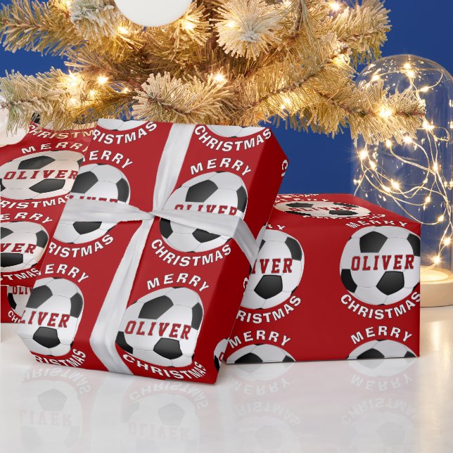 Red Soccer Fußball Balls Kinder Name Weihnachten Geschenkpapier (Feiertage)