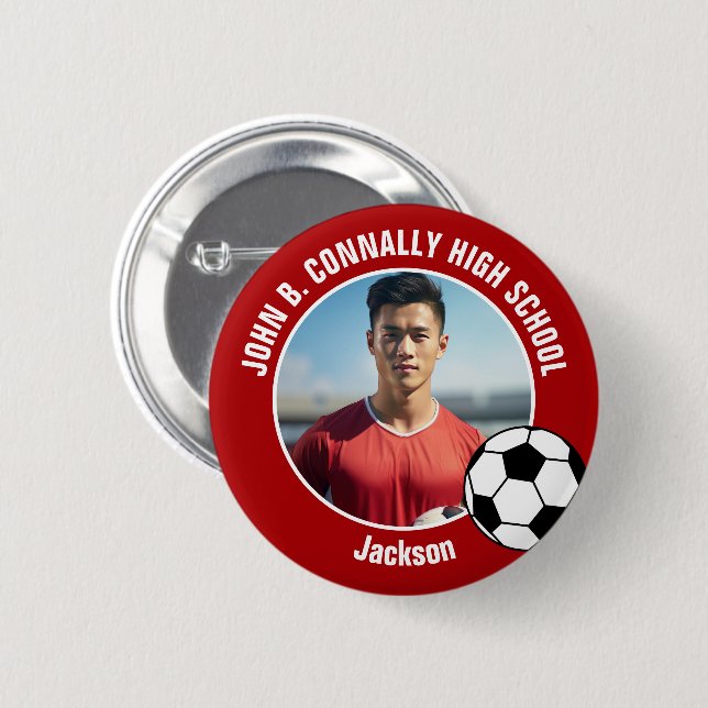 Red Soccer Player Photo High School Spirit Button (Vorne & Hinten)