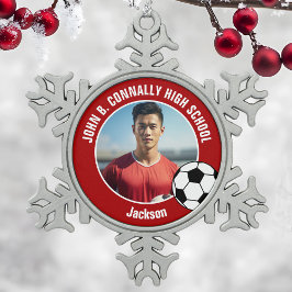 Red Soccer Player Photo High School Spirit Schneeflocken Zinn-Ornament