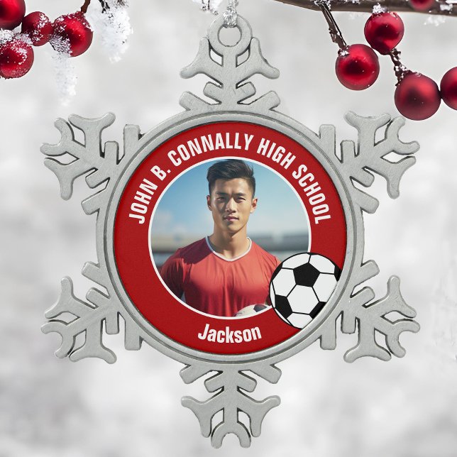 Red Soccer Player Photo High School Spirit Schneeflocken Zinn-Ornament (Von Creator hochgeladen)