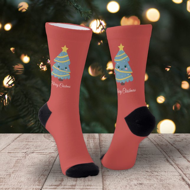 Red Socks with Kawaii Christmas Tree Socken (Red Socks with Kawaii Christmas Tree)