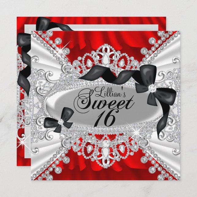Red Sparkle Diamond & Bow Sweet 16 Einladung (Vorne/Hinten)