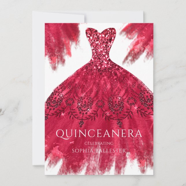 Red Sparkle Gown Elegantes Quinceanera Dress Party Einladung (Vorderseite)