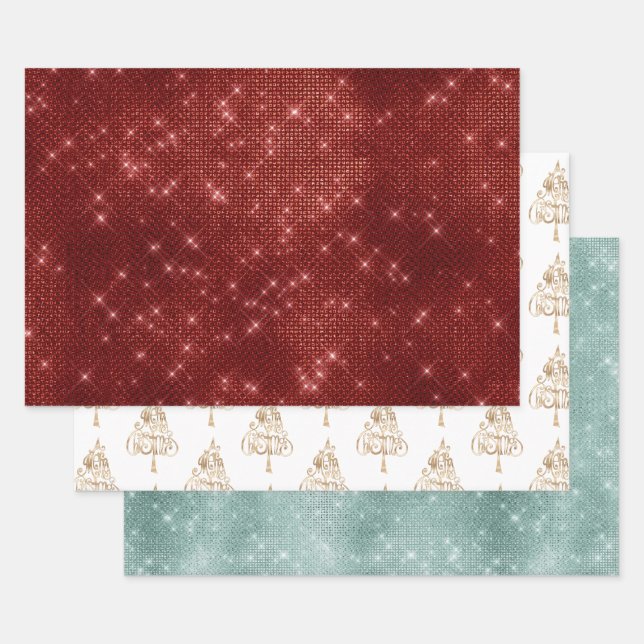 Red Sparkle Merry Christmas Tree Geschenkpapier Set (Set)
