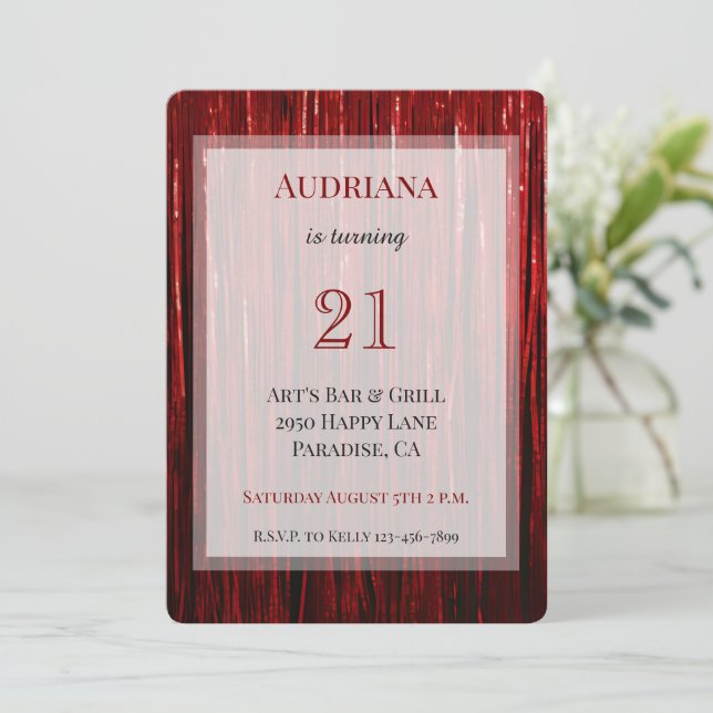 Red Sparkle Tinsel Stripes 21. Geburtstag Einladung (Stehend Vorderseite)
