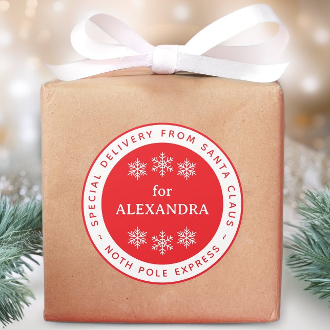 Red Special Delivery from Santa North Pole Name Runder Aufkleber (Von Creator hochgeladen)