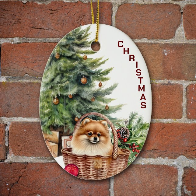 Red Spitz Dog Wicker Weihnachtskorb Keramik Ornament (Von Creator hochgeladen)