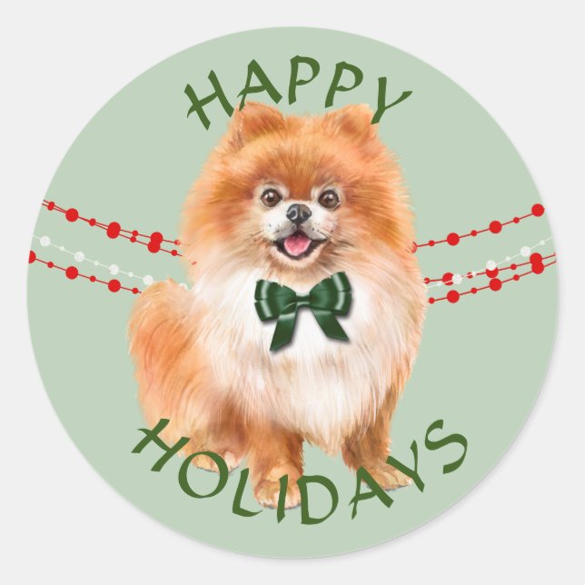Red Spitz Green Bow Happy Holidays Runder Aufkleber (Vorderseite)