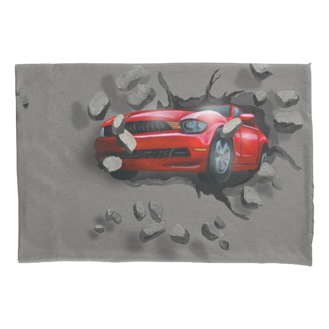 Red Sports Car bricht durch die Mauer Kissenbezug (Vorderseite)