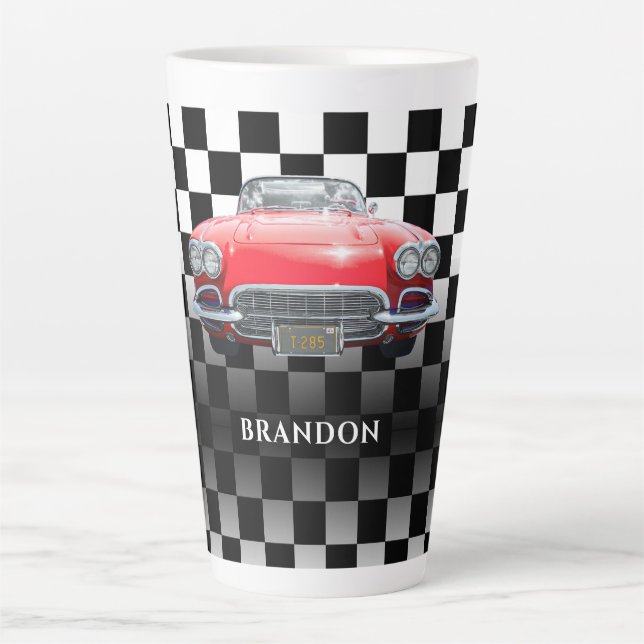 Red Sport's Car, White Name, B/W Checkered Milchtasse (Vorderseite)