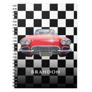 Red Sport's Car, White Name, B/W Checkered Notizblock