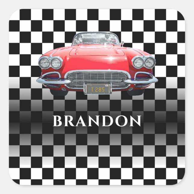 Red Sport's Car, White Name, B/W Checkered Quadratischer Aufkleber (Vorderseite)