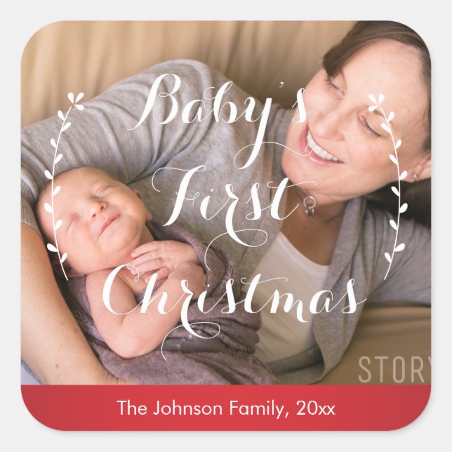 Red Square Baby's First Christmas Foto Stickers (Vorderseite)