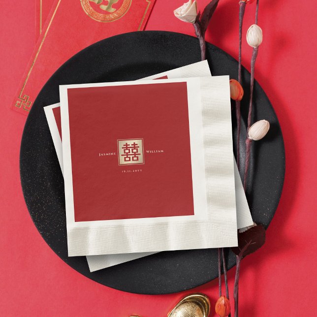 Red Square Double Happiness Gold Chinesisch Hochze Serviette (Gold/Red Classic Square Double Happiness Modern Chinese Wedding Paper Napkins @ fatfatin_red_knot)