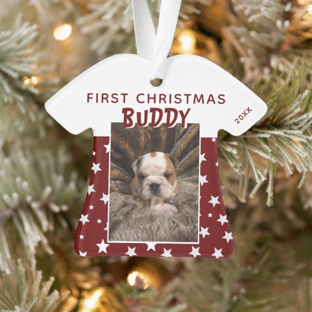 Red Star Pattern Puppy Doppy Foto Ornament (Baum)