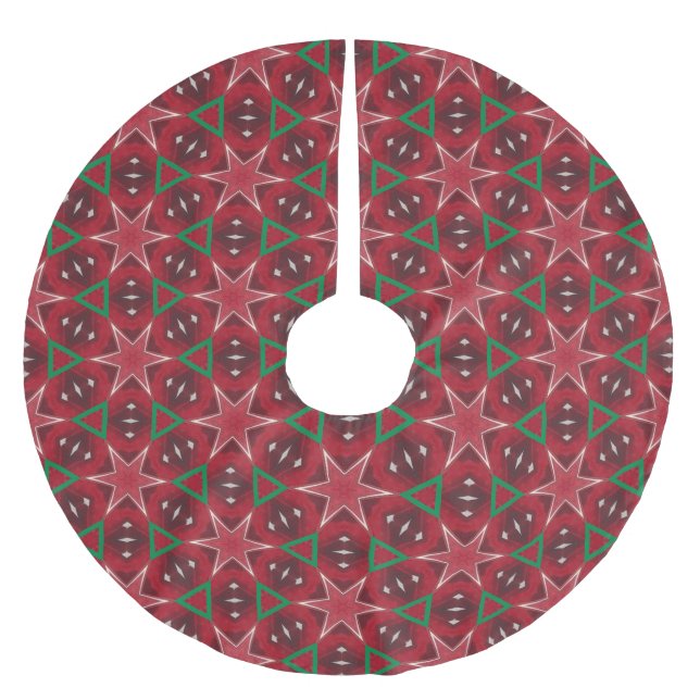 Red Star und Green Geometric Weihnachtsmuster Polyester Weihnachtsbaumdecke (Vorderseite)