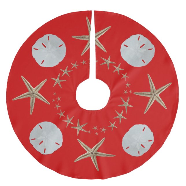 Red Starfish und Sand-Dollar Weihnachtsbaumrock Polyester Weihnachtsbaumdecke (Vorderseite)
