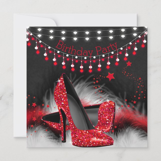 Red Stars High Heels Birthday Chalkboard Lights Einladung (Vorderseite)