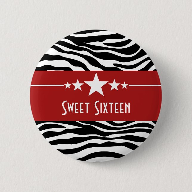Red Stars Zebra Print Sweet 16 Button (Vorderseite)