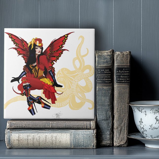 Red Steampunk Fairy Octopus Fliese (Von Creator hochgeladen)