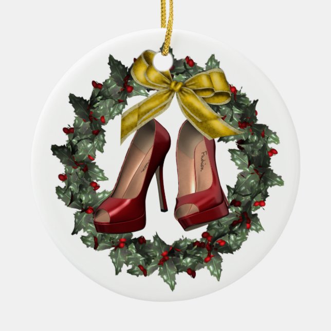 Red Stiletto Shoe Wreath Custom Christmas Ornament (Vorne)