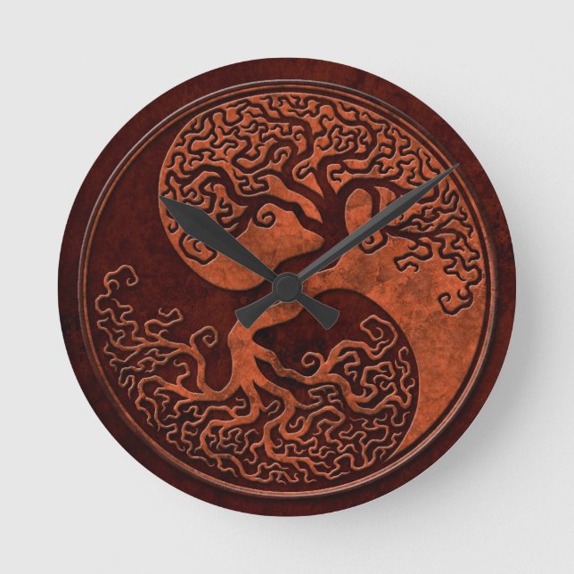 Red Stone Yin Yang Tree Runde Wanduhr (Vorderseite)