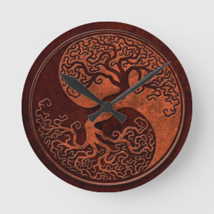 Red Stone Yin Yang Tree Runde Wanduhr