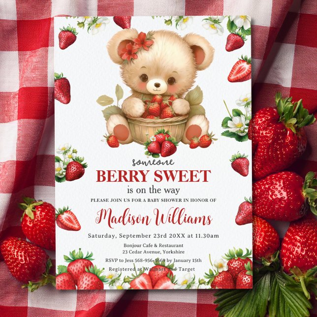 Red Strawberries Berry Sweet Bear Baby Dusche Einladung (someone berry sweet cute bear with basket of red strawberries baby shower invitation cards download )