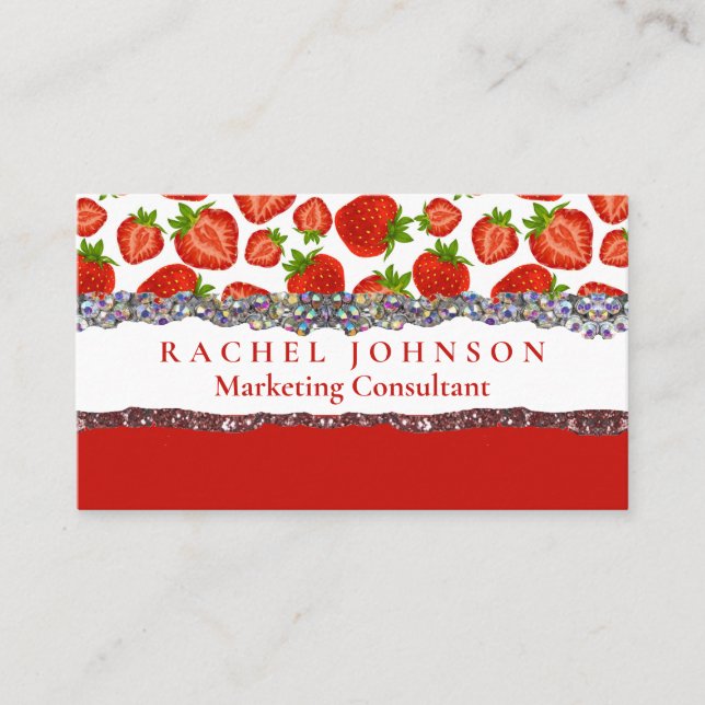 Red Strawberries Feminine Glam Retro Business Card Visitenkarte (Vorderseite)