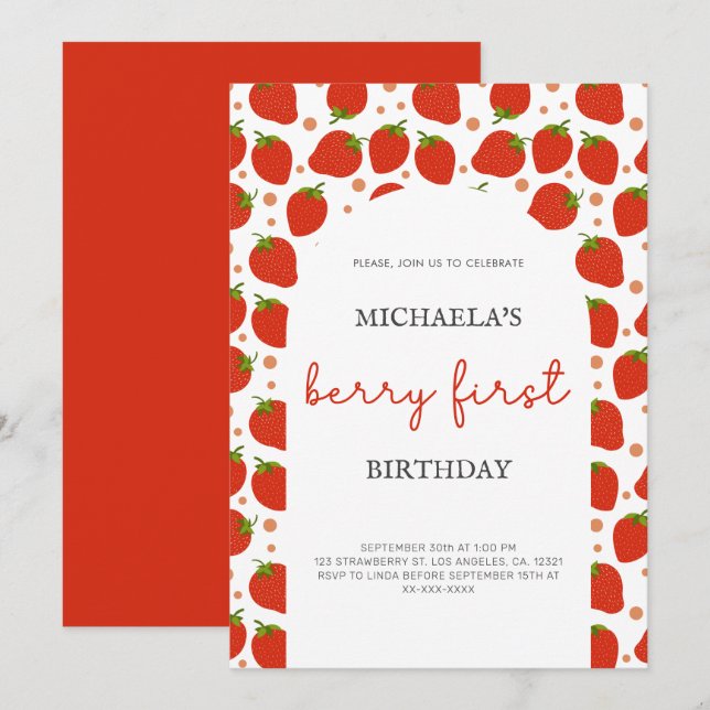 Red Strawberries Pattern Berry Erster Geburtstag Einladung (Vorne/Hinten)