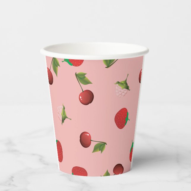 Red Strawberry and Cherry Pattern Pink Fruit Pappbecher (Vorderseite)