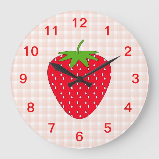 Red Strawberry auf Gingham Karo. Große Wanduhr (Vorderseite)