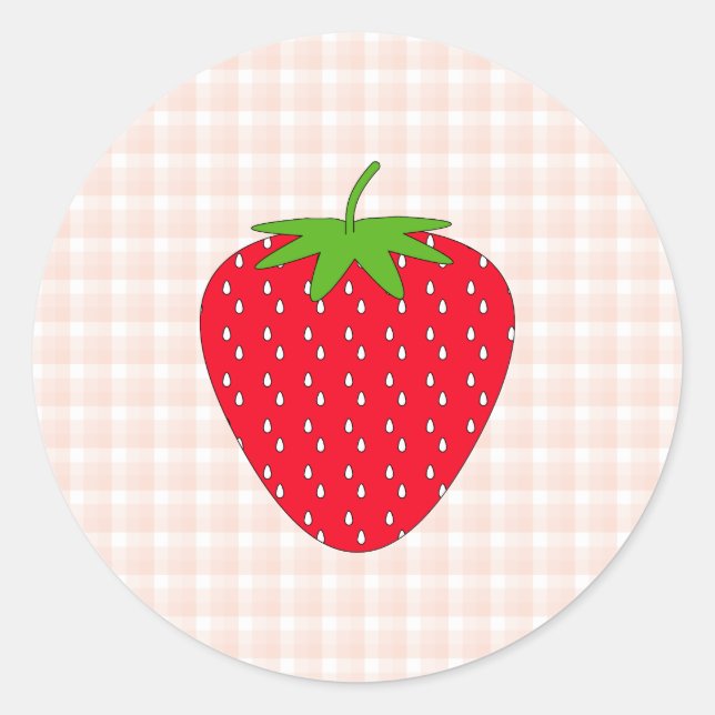 Red Strawberry auf Gingham Karo. Runder Aufkleber (Vorderseite)