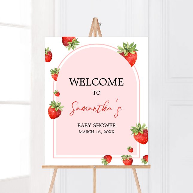 Red Strawberry Baby Dusche Willkommen Poster (Boho Berry Sweet Baby Shower Welcome Sign)