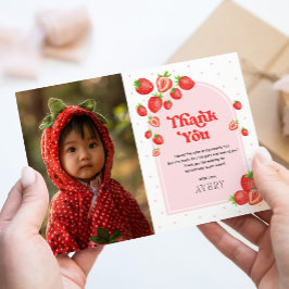 Red Strawberry Berry First Birthday Foto Dankeskarte