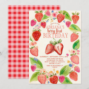 Red Strawberry Gingham Berry Sweet Birthday Einladung