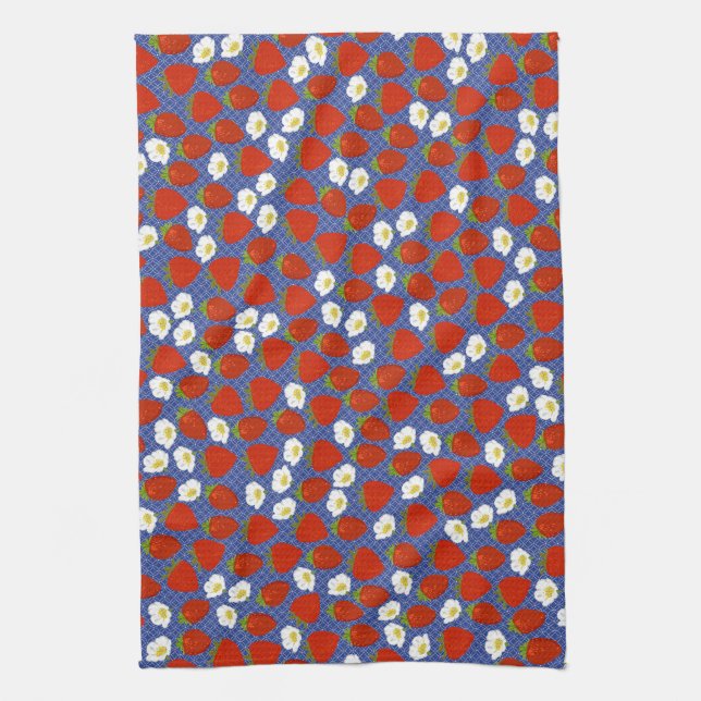 Red Strawberry mit Navy White Basketweave Backgrd Geschirrtuch (Vertikal)
