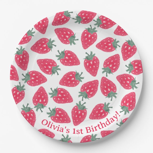 Red Strawberry Name Birthday Party Teller (Vorderseite)