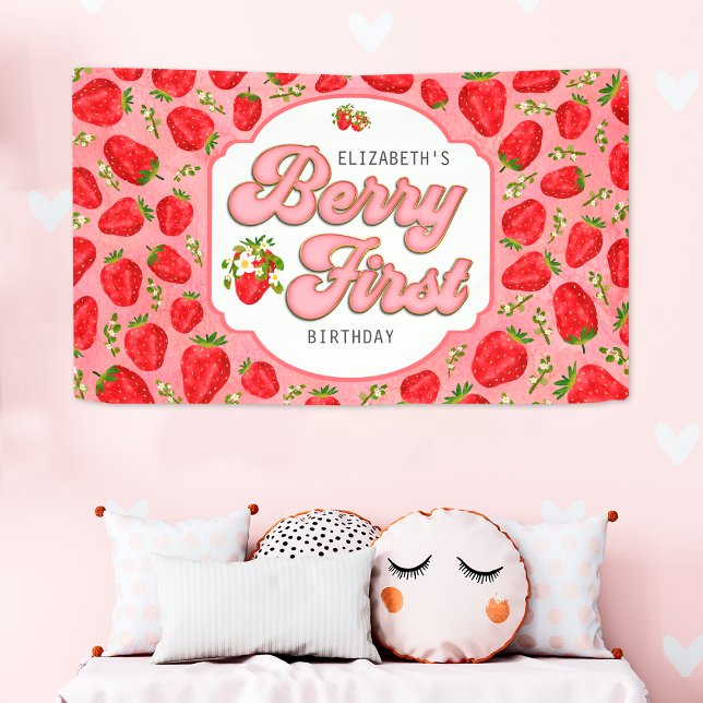 Red Strawberry Pattern Pink Berry Erster Geburtsta Banner (Von Creator hochgeladen)