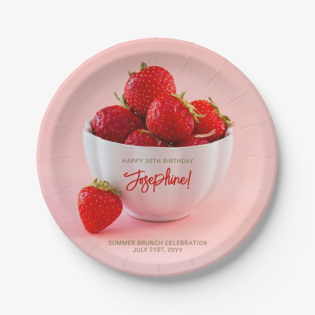 Red Strawberry Photo Summer Brunch Happy Birthday Pappteller (Vorderseite)